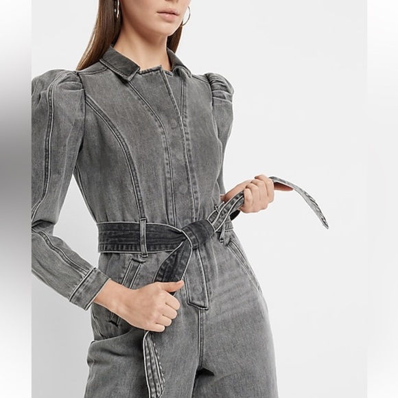 Express Puff Sleeve Tie Waist Gray Wash Denim Jumpsuit 6 - Picture 6 of 16
